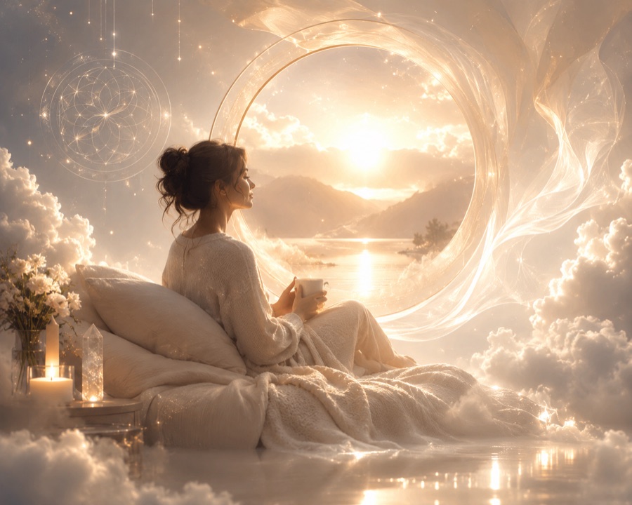 A woman with a warm cup, calm before a glowing window at dawn