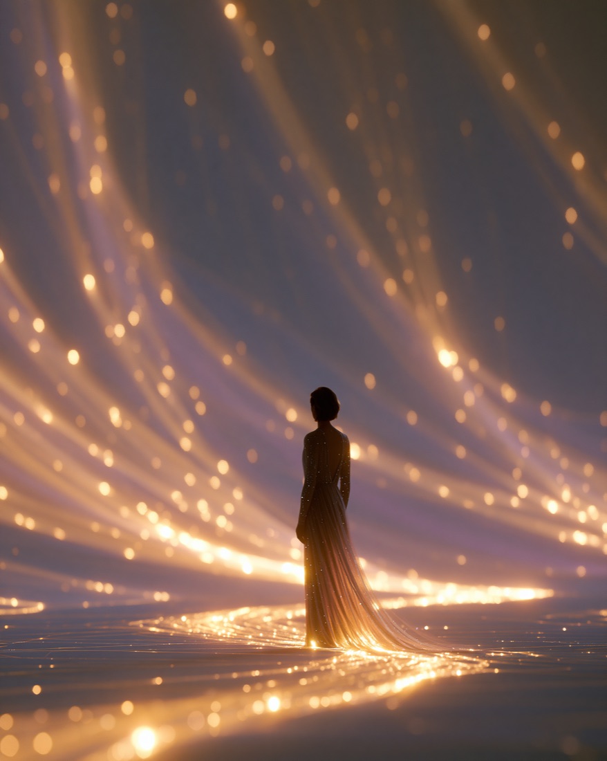 A woman in a shimmering gown standing among streams of golden light