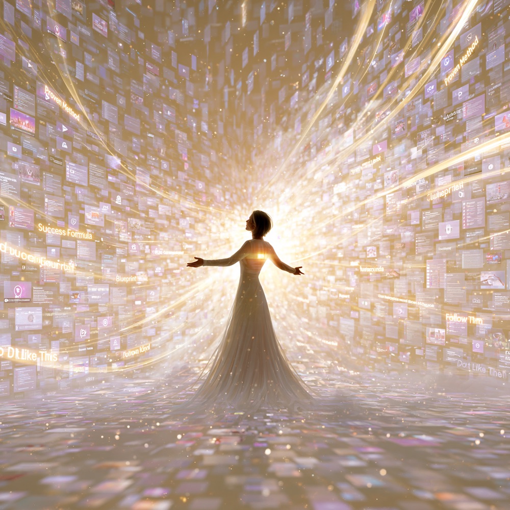 A woman standing in a storm of glowing content tiles