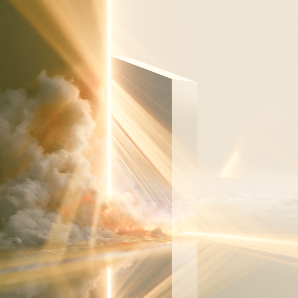 A doorway of light opening through soft clouds